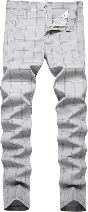 Mens Dress Pants Slim Fit Stretch Striped Plaid Denim Suit Pants Fashion Cotton Slacks Work Jean Straight Legs