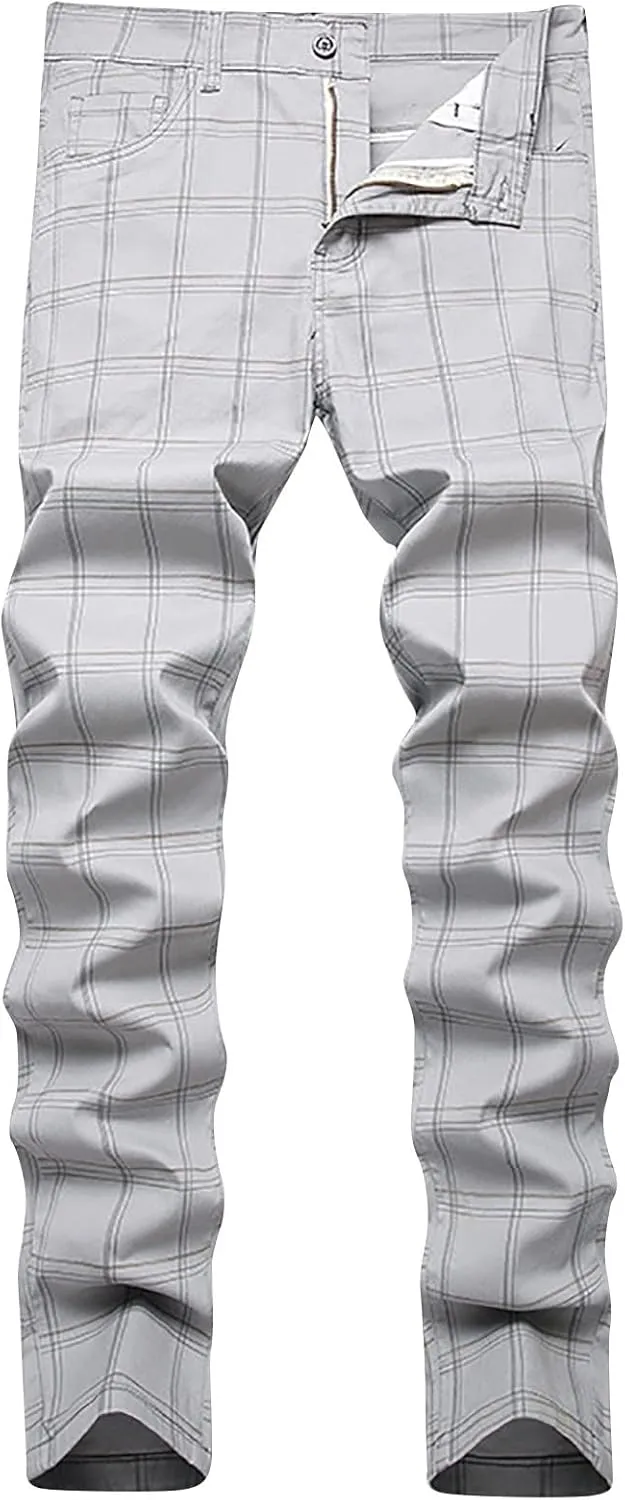 Mens Dress Pants Slim Fit Stretch Striped Plaid Denim Suit Pants Fashion Cotton Slacks Work Jean Straight Legs