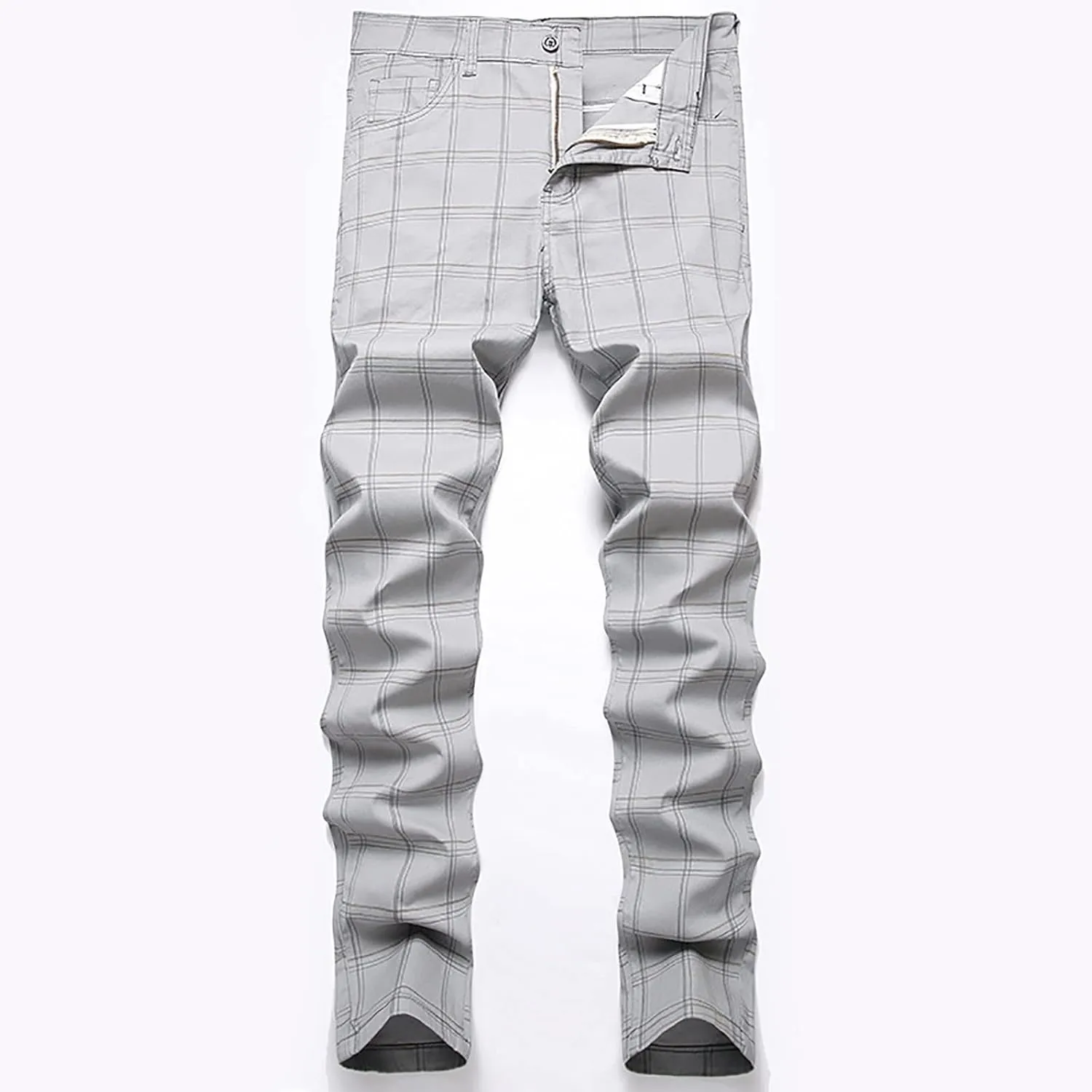 Mens Dress Pants Slim Fit Stretch Striped Plaid Denim Suit Pants Fashion Cotton Slacks Work Jean Straight Legs
