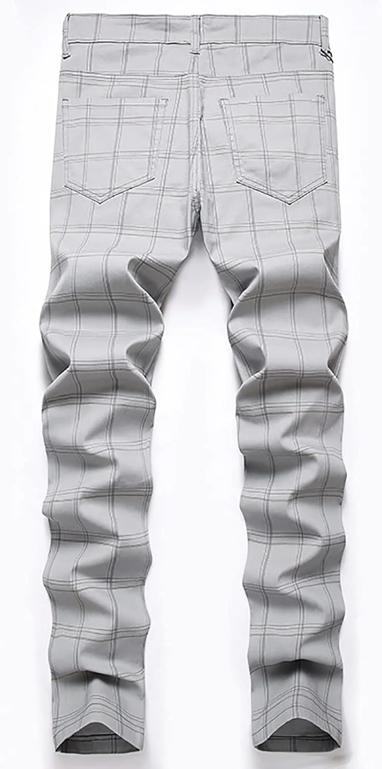Mens Dress Pants Slim Fit Stretch Striped Plaid Denim Suit Pants Fashion Cotton Slacks Work Jean Straight Legs