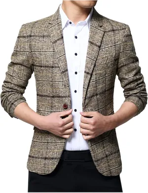 Men's Dress Suits Plaid 1 Button Slim Fit Single Breasted Wedding Blazers Casual Fashion Sports Suit Jacket Tops
