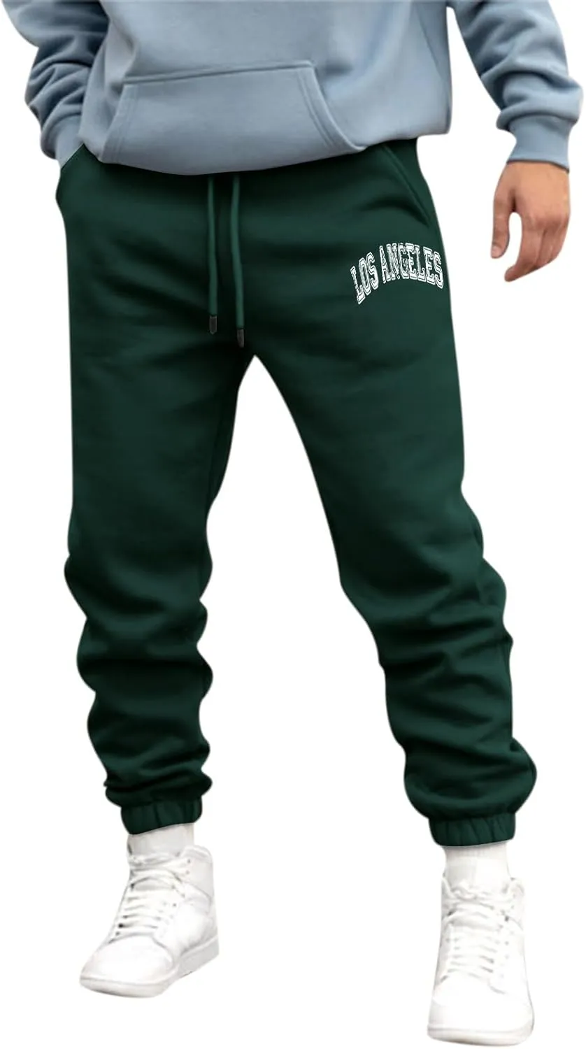 Mens Fleece Lined Graphic Pants Slim Fit Drawstring High Waisted Elastic Sweatpants Casual Training Trousers