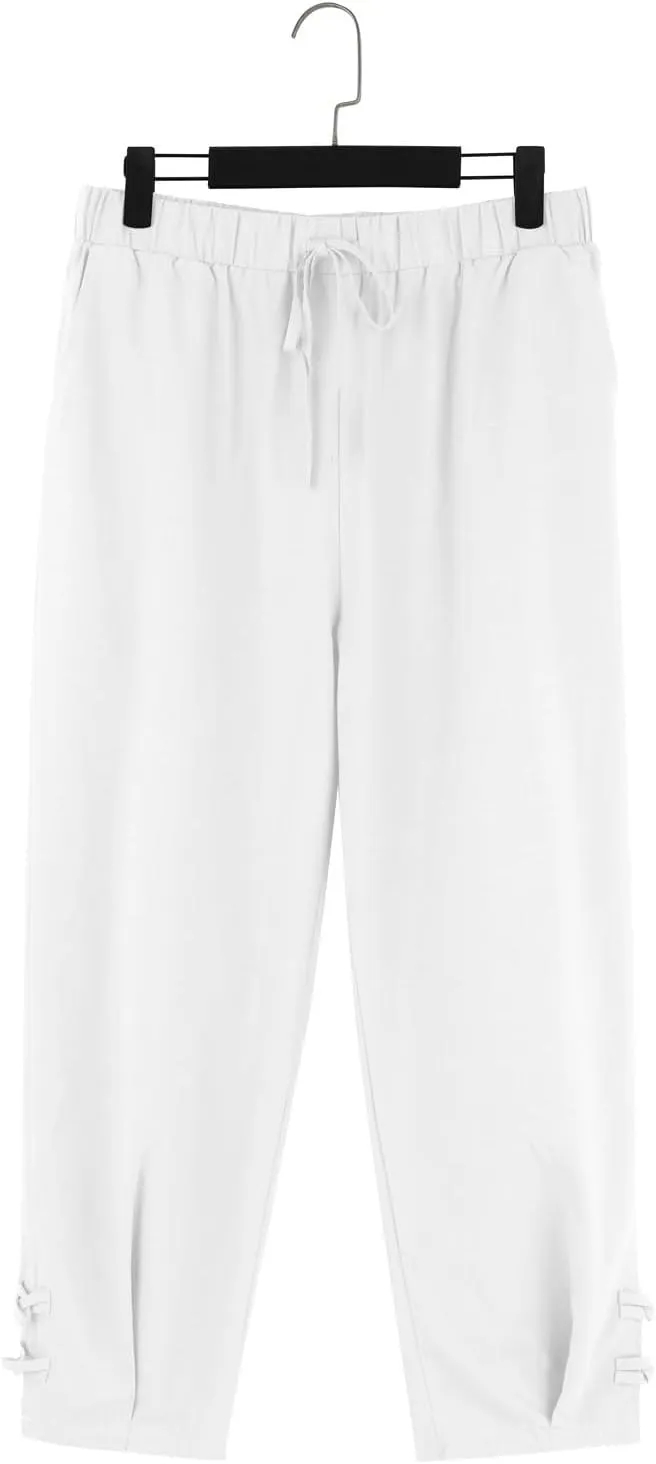 Men's Linen Casual Pants with Pockets Summer Elastic Waist Basic Capris Solid Leisure Athletic Five Short Pant Big and Tall