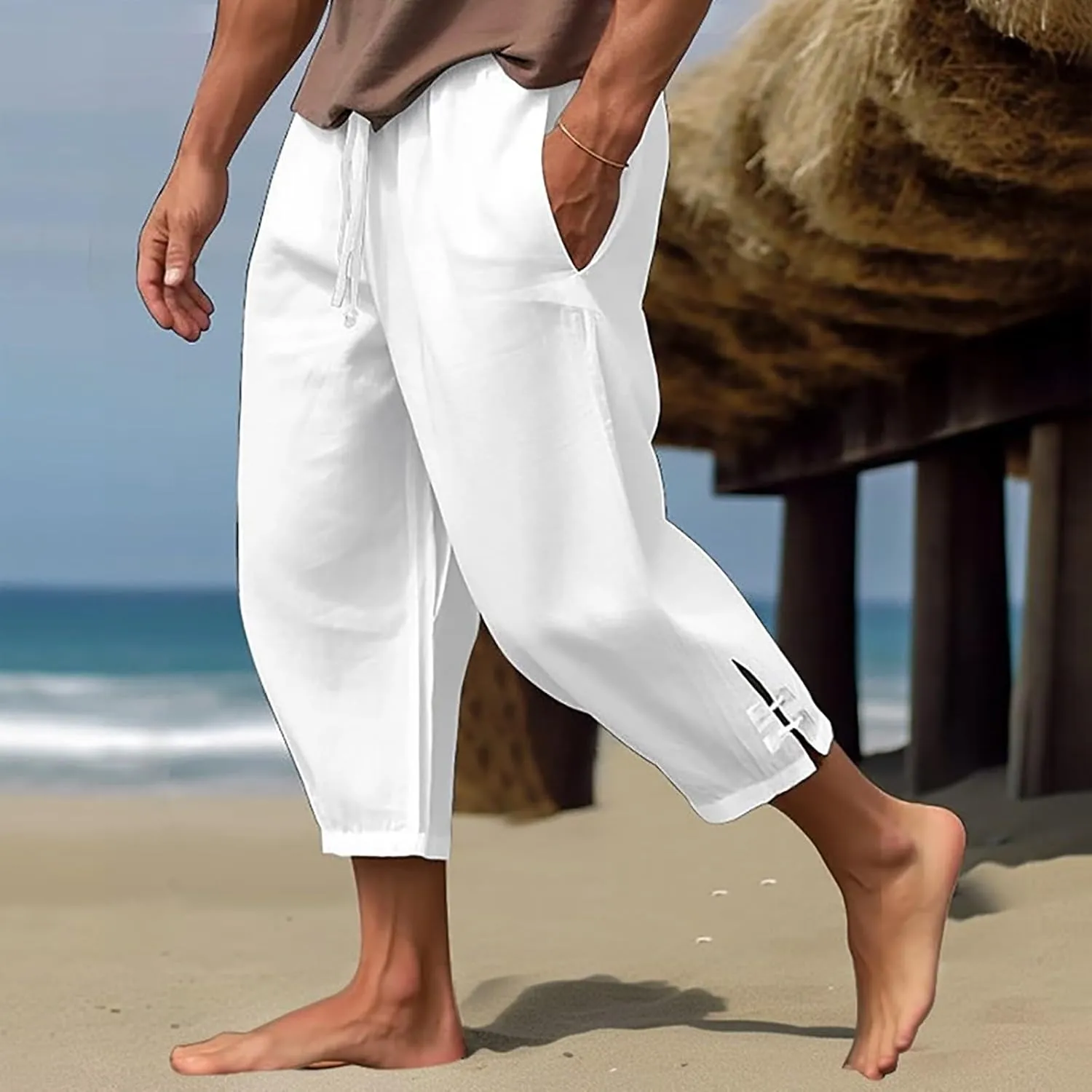 Men's Linen Casual Pants with Pockets Summer Elastic Waist Basic Capris Solid Leisure Athletic Five Short Pant Big and Tall