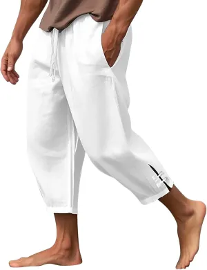 Men's Linen Casual Pants with Pockets Summer Elastic Waist Basic Capris Solid Leisure Athletic Five Short Pant Big and Tall