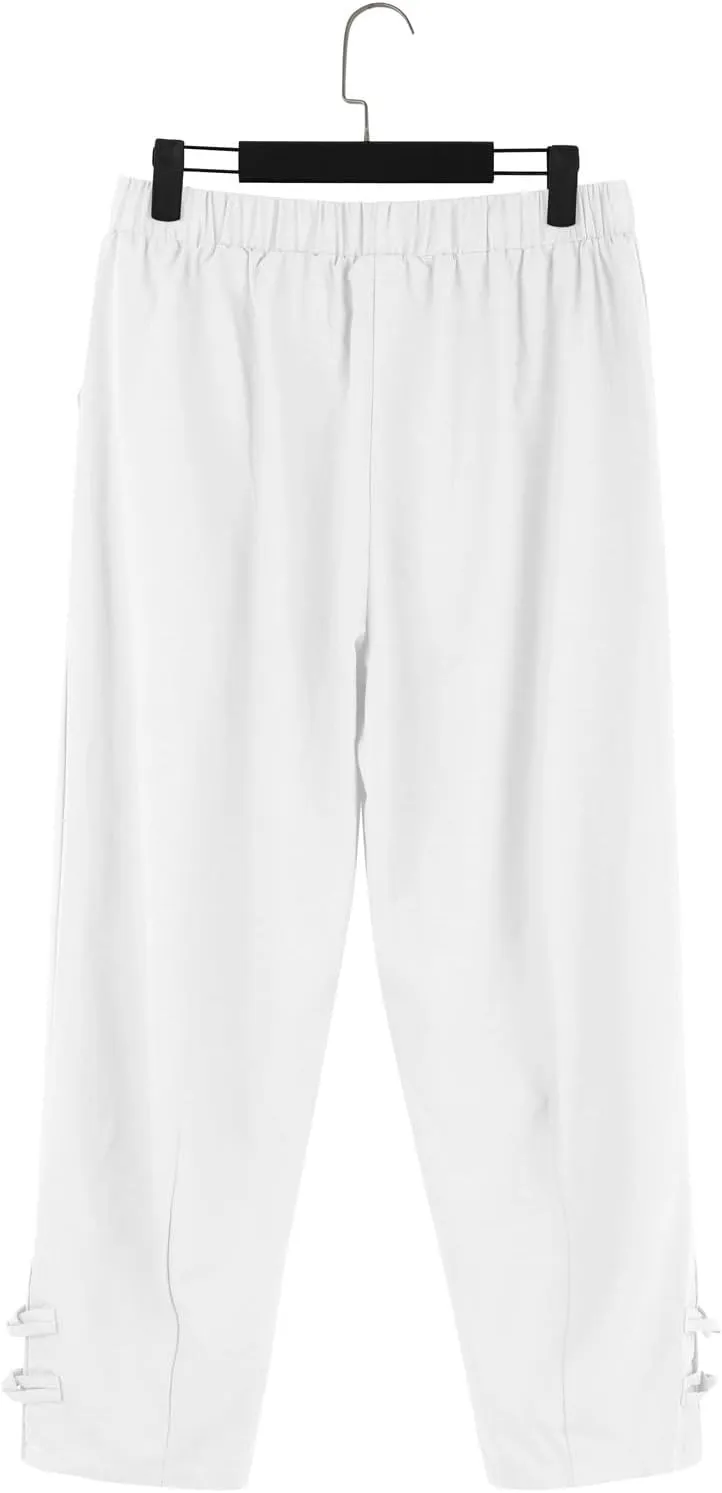 Men's Linen Casual Pants with Pockets Summer Elastic Waist Basic Capris Solid Leisure Athletic Five Short Pant Big and Tall