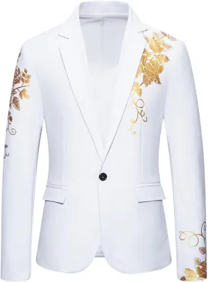 Mens Luxurious Gold Bronzing Blazers Long Sleeve Suit Jacket Slim Fit Sport Coats for Wedding Prom Formal Business