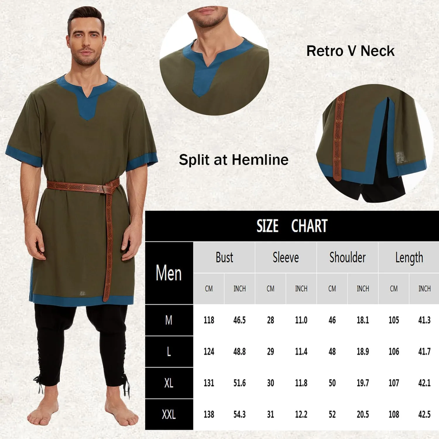 Mens Medieval Pirate Costumes Viking Tunic Shirt Renaissance Knight Warrior Cosplay LARP Halloween Tops with Belt