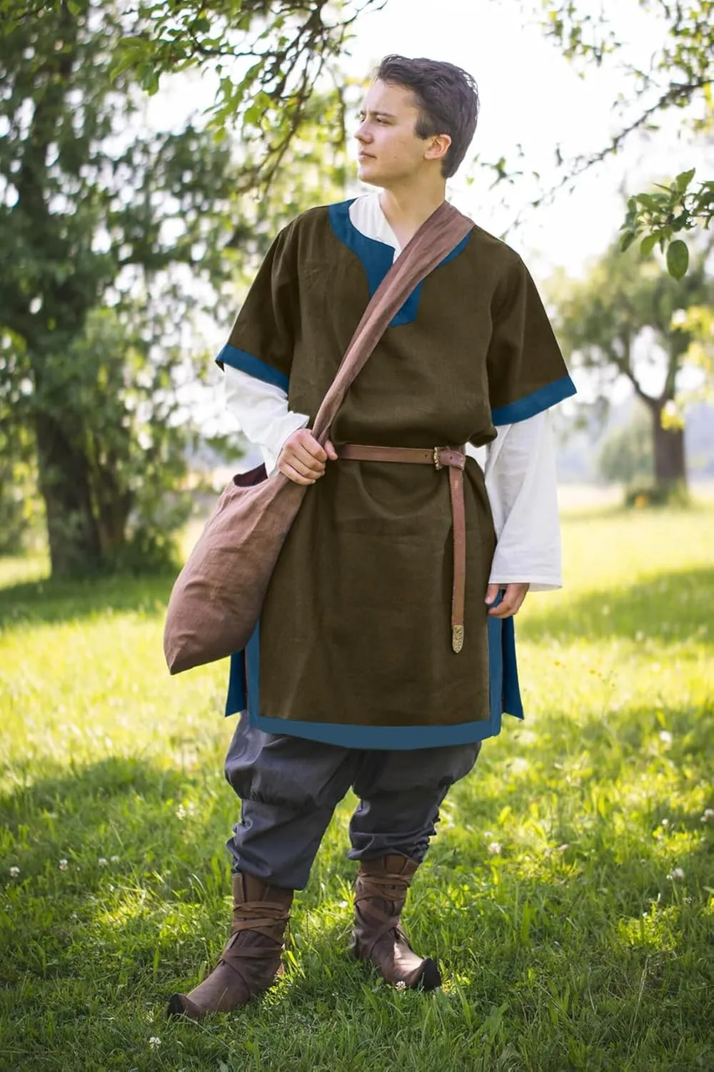 Mens Medieval Pirate Costumes Viking Tunic Shirt Renaissance Knight Warrior Cosplay LARP Halloween Tops with Belt