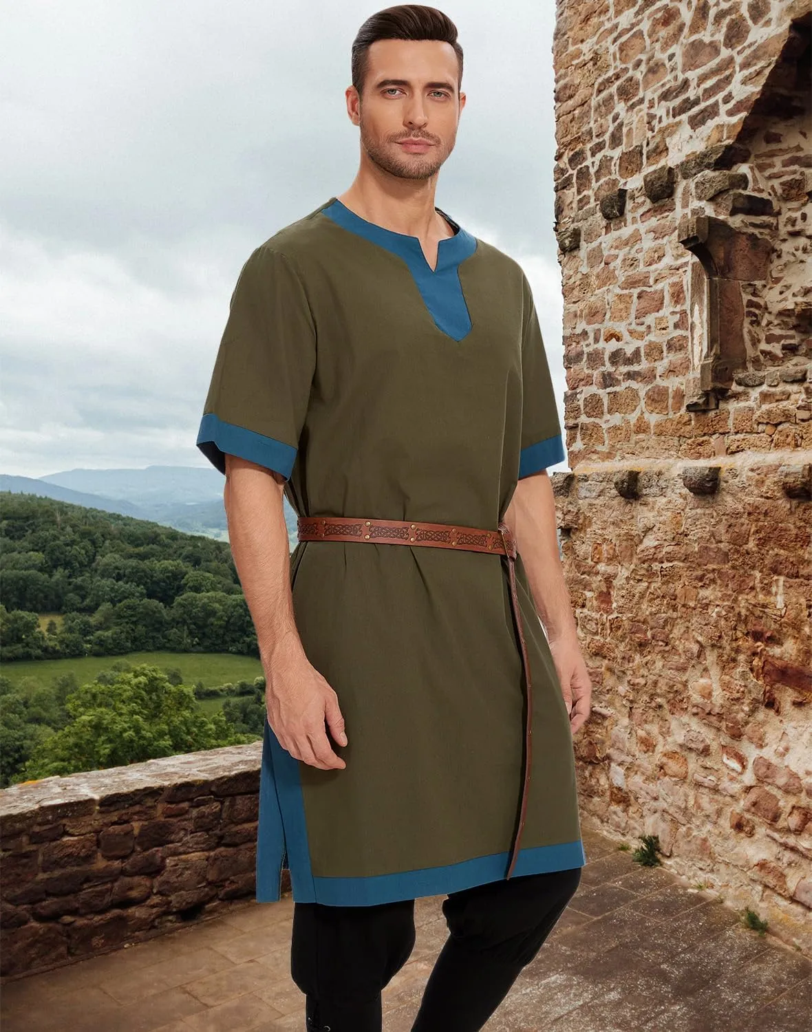 Mens Medieval Pirate Costumes Viking Tunic Shirt Renaissance Knight Warrior Cosplay LARP Halloween Tops with Belt