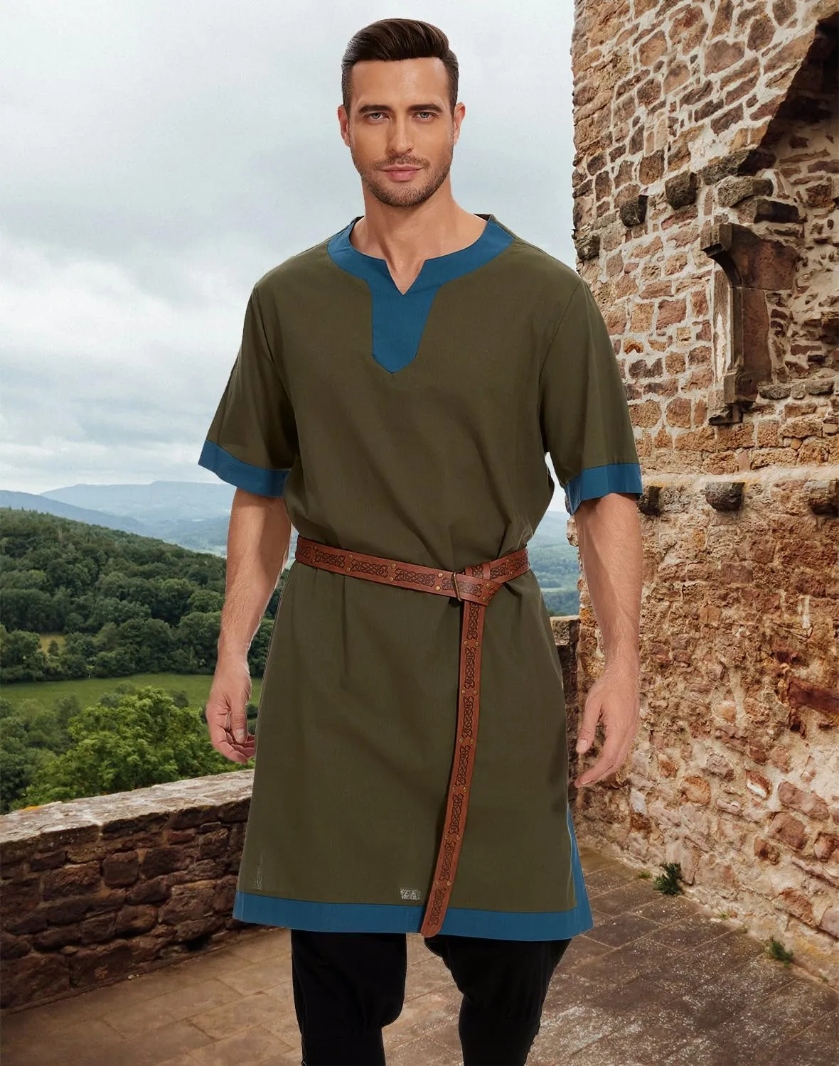 Mens Medieval Pirate Costumes Viking Tunic Shirt Renaissance Knight Warrior Cosplay LARP Halloween Tops with Belt
