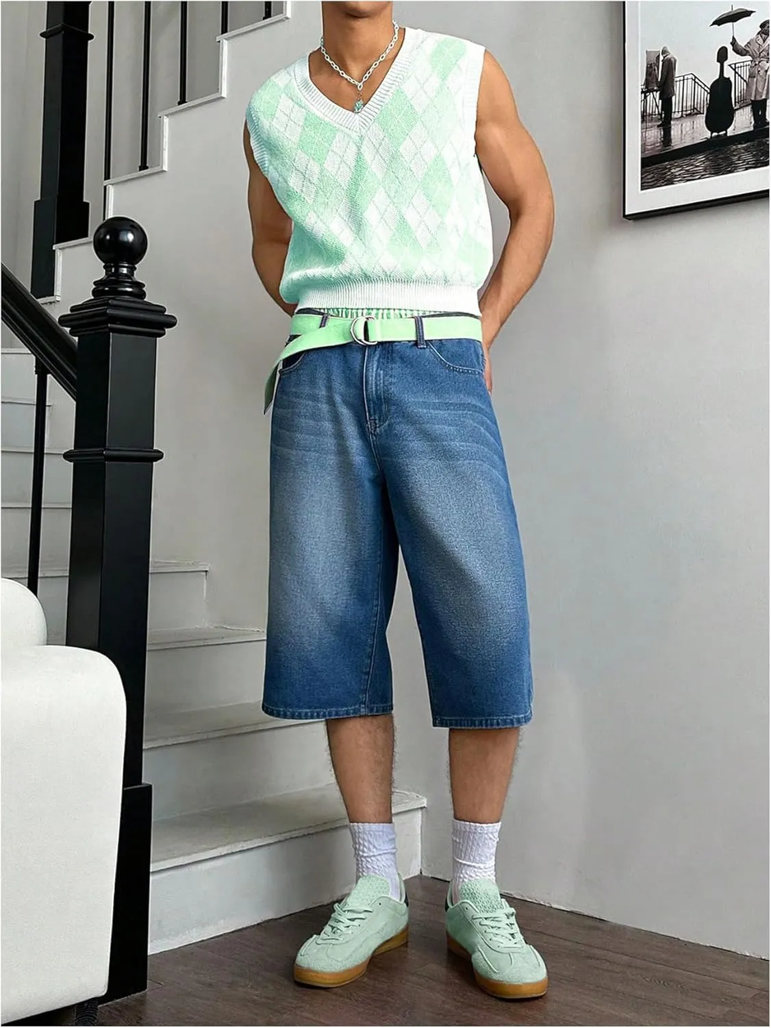 Men's Plaid Geometric Sleeveless Knitted Sweater V Neck Crochet Pullover Sweater Vest