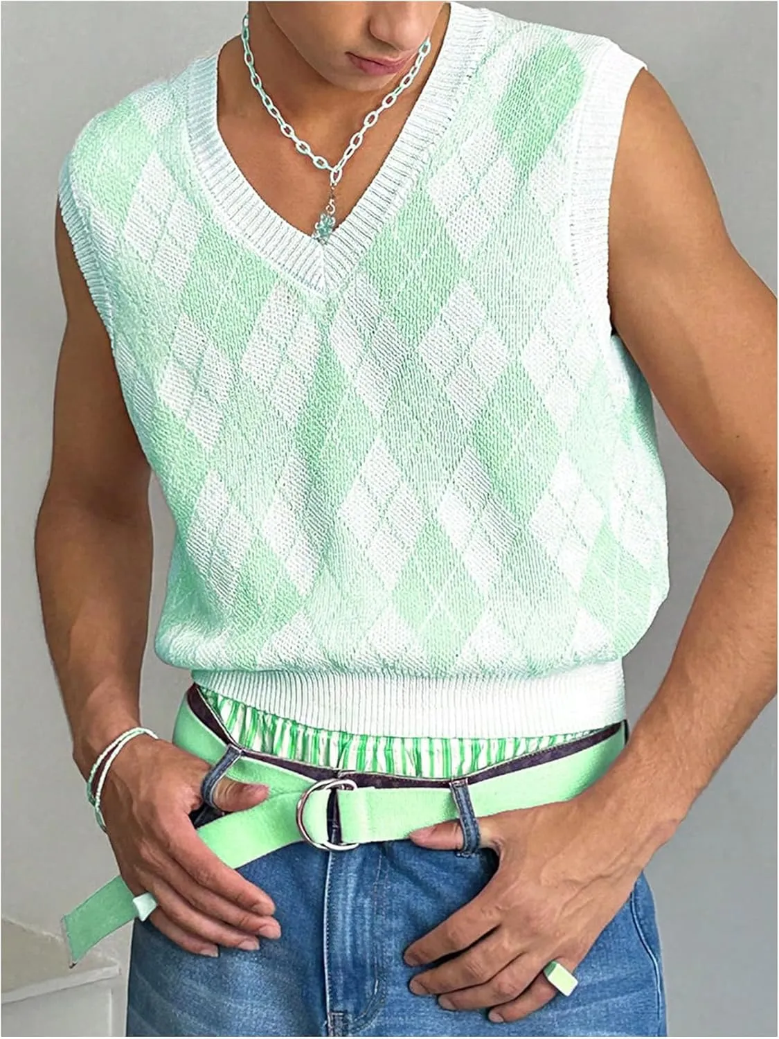 Men's Plaid Geometric Sleeveless Knitted Sweater V Neck Crochet Pullover Sweater Vest