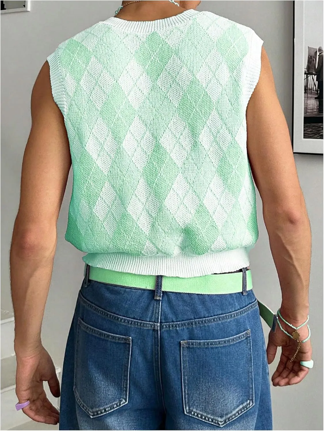 Men's Plaid Geometric Sleeveless Knitted Sweater V Neck Crochet Pullover Sweater Vest