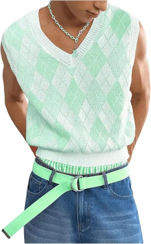 Men's Plaid Geometric Sleeveless Knitted Sweater V Neck Crochet Pullover Sweater Vest