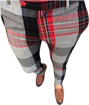 Men's Skinny Fit Plaid Pants Casual Work Office Business Dress Pants Stretch Slim Fit Casual Trousers Golf Work Long Pants Comfy Flat Front Chinos Suit Pants Mens Trousers Fall Red