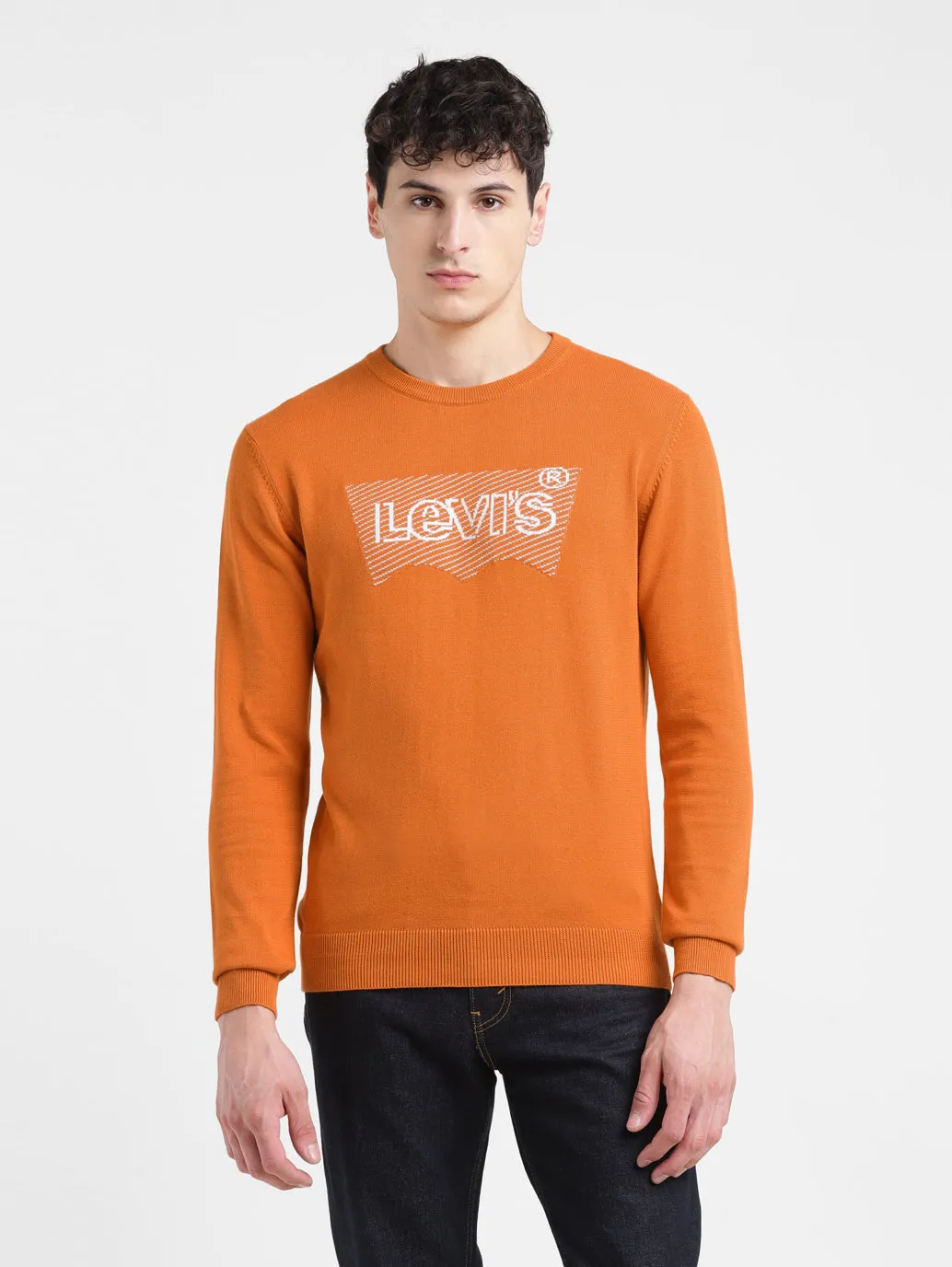Men's Solid Orange Crew Neck Sweater