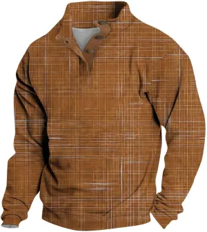 Mens Sweatshirt Corduroy Winter Polo Shirts Long Sleeve Elbow Patches Plaid Pullover Casual Stand Collar Sweaters