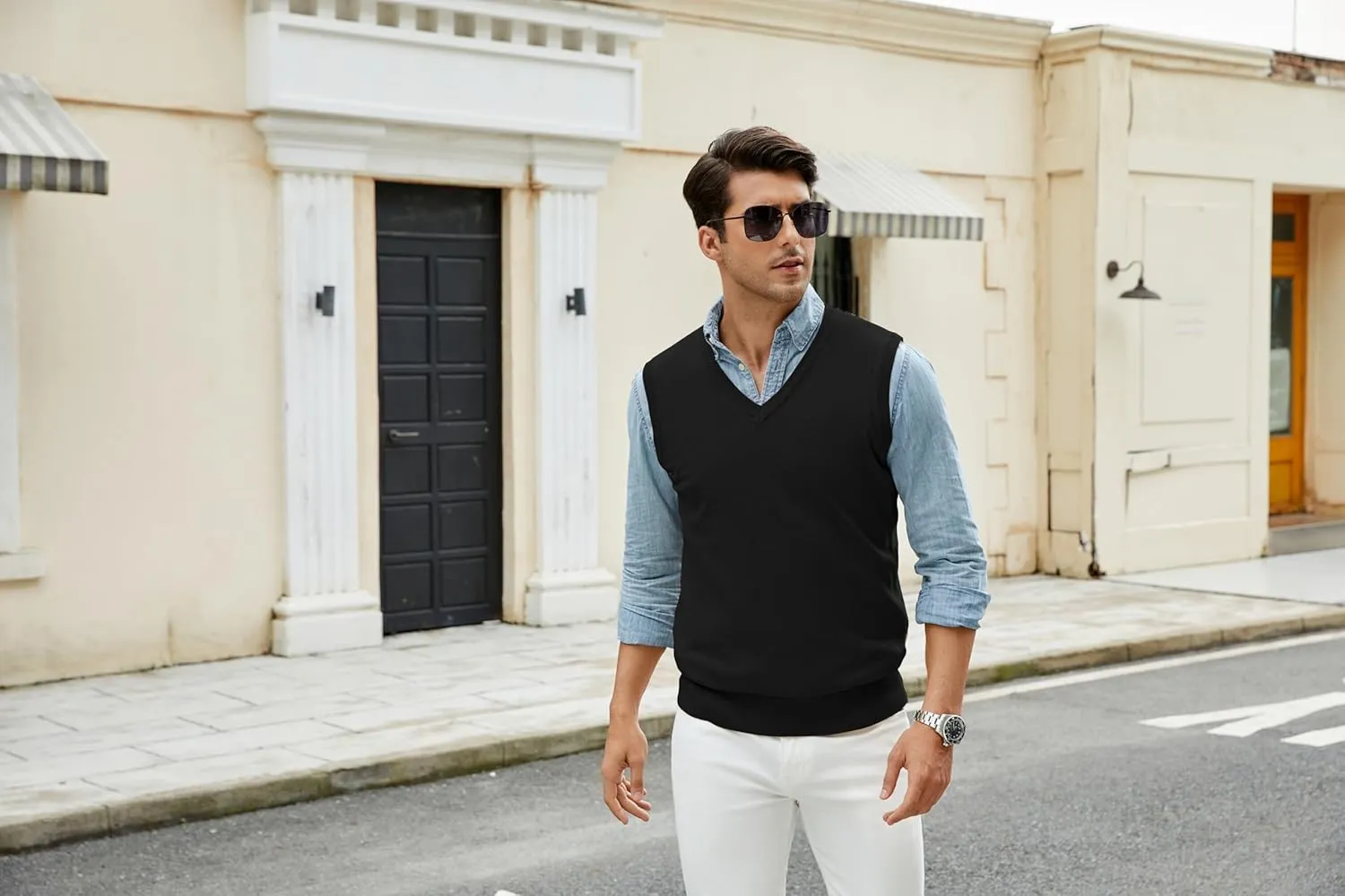 Men's V-Neck Sweater Vest Wool Blend Knitted Sleeveless Pullover Sweater Vests