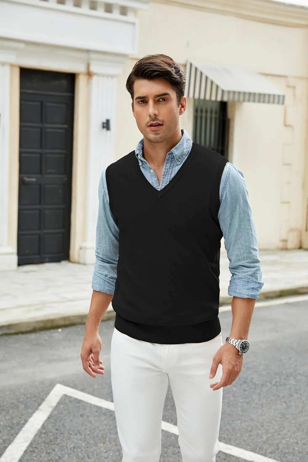 Men's V-Neck Sweater Vest Wool Blend Knitted Sleeveless Pullover Sweater Vests