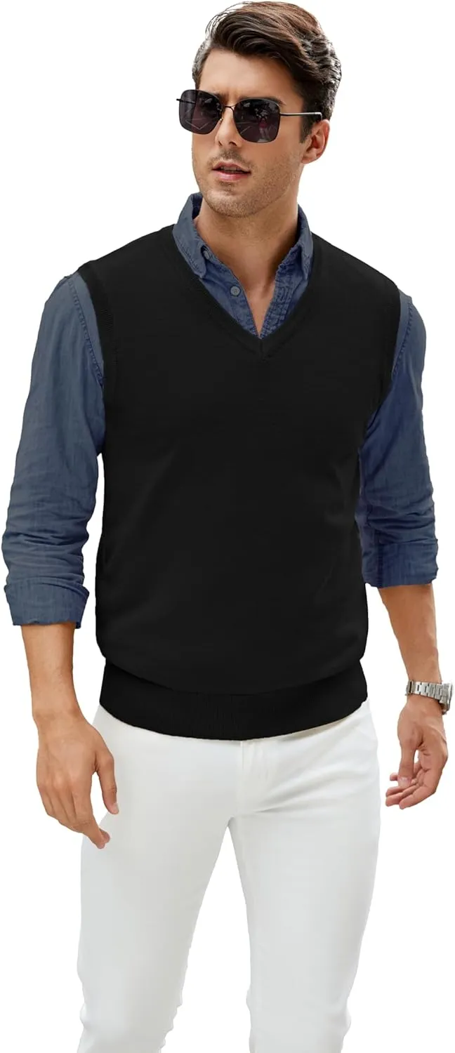 Men's V-Neck Sweater Vest Wool Blend Knitted Sleeveless Pullover Sweater Vests
