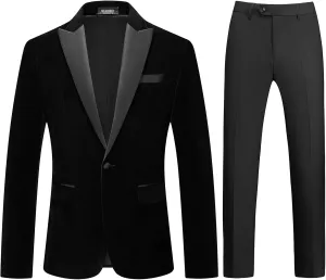 Mens Velvet Suits 2 Piece Slim Fit for Men Tuxedo Blazer Peaked Lapel One Button Wedding Dinner Jacket & Pants Suits
