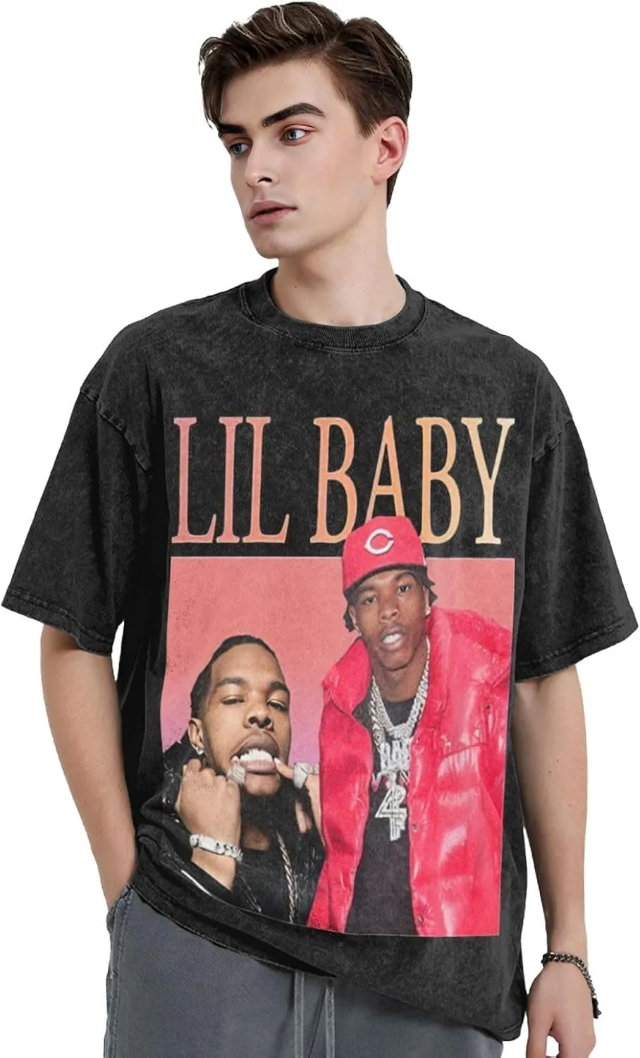 Mens Vintage Oversized Drop Shoulder Novelty T-Shirts Loose Wash Solid Tee Tops