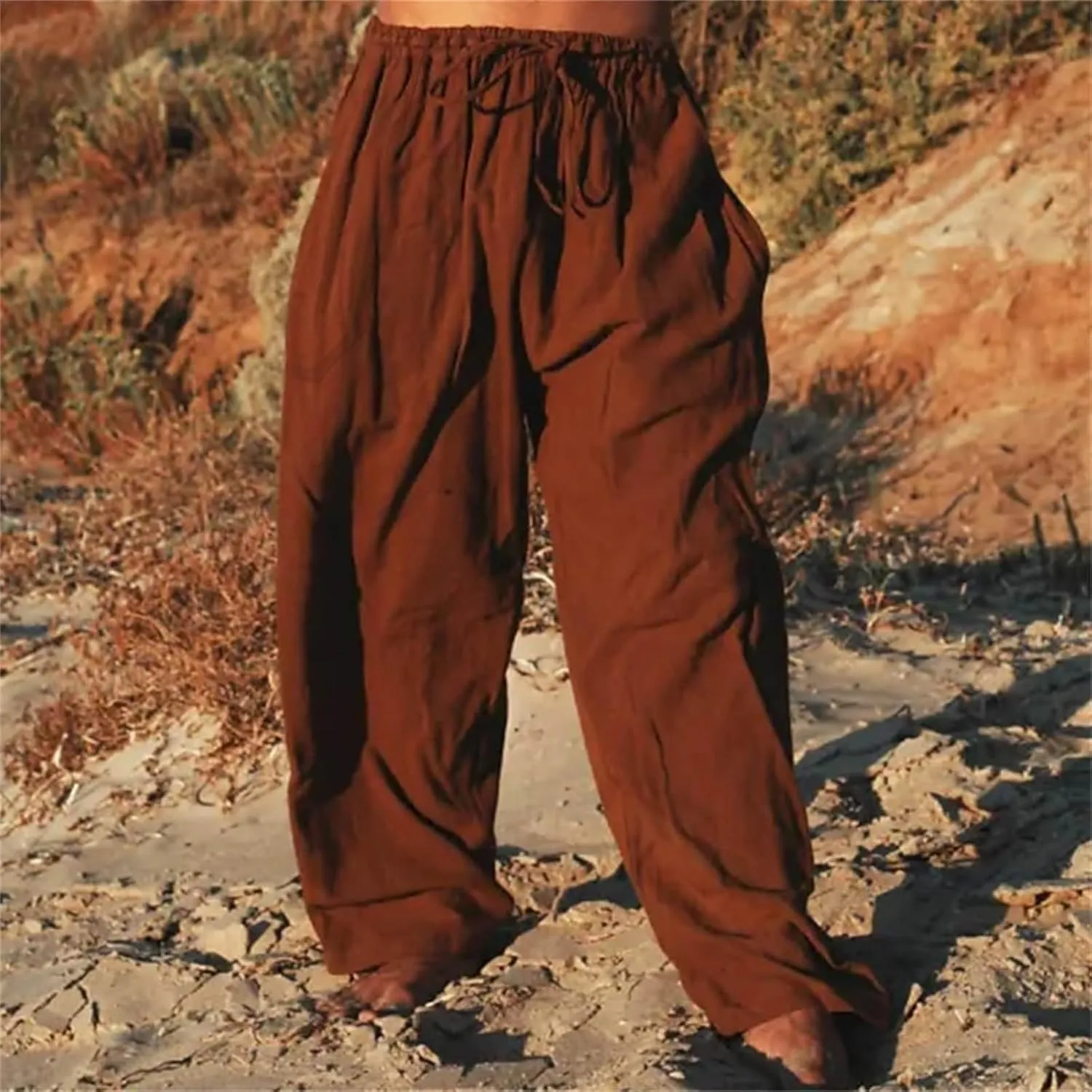 Mens Wide Leg Drawstring Pants Loose Linen Summer Beach Vacation Pants Lightweight Elastic Waist Yoga Lounge Trousers