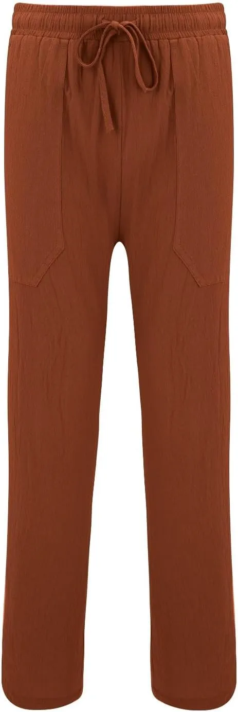 Mens Wide Leg Drawstring Pants Loose Linen Summer Beach Vacation Pants Lightweight Elastic Waist Yoga Lounge Trousers