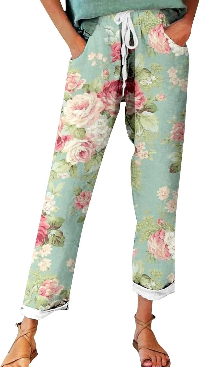 Mid Rise Cropped Linen Pants Summer Length Pants for Women Plus Size Wide Leg Palazzo Pants