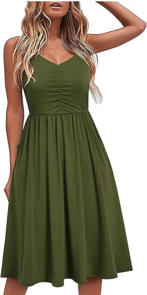 Midi Summer Dress V-Neck Temperament Women's Sling Dress Lace-up Knee-Length Women Gowns and Evening Dresses Plus