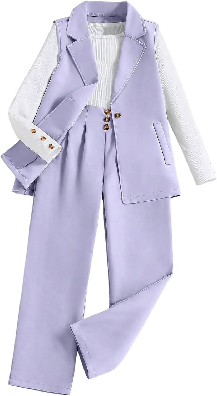 Milumia Girl's 3 Piece Outfits Long Sleeve Tee Shirt and Blazer Vest with Pants
