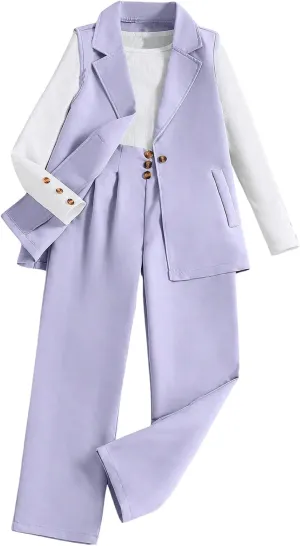 Milumia Girl's 3 Piece Outfits Long Sleeve Tee Shirt and Blazer Vest with Pants