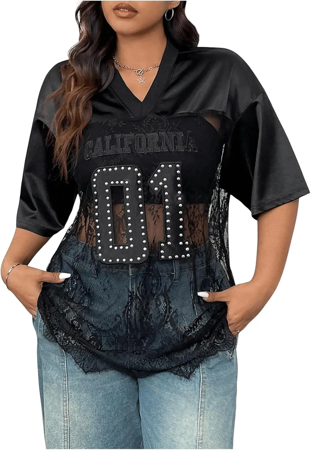 Milumia Women's Plus Size Letter Print Lace Sheer Mesh Jersey Shirt Half Sleeve V Neck Oversized Tee Top