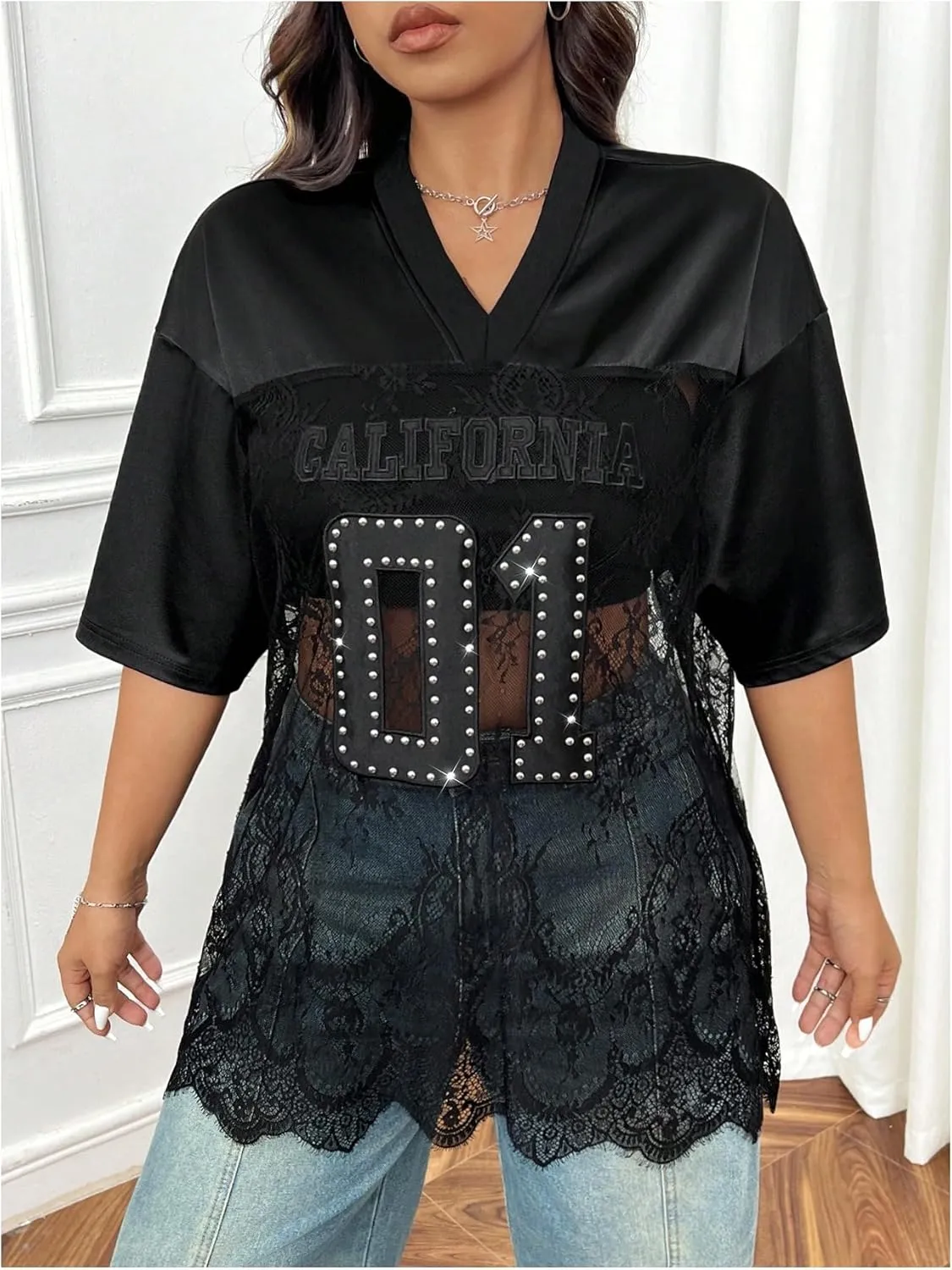 Milumia Women's Plus Size Letter Print Lace Sheer Mesh Jersey Shirt Half Sleeve V Neck Oversized Tee Top