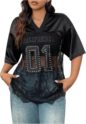 Milumia Women's Plus Size Letter Print Lace Sheer Mesh Jersey Shirt Half Sleeve V Neck Oversized Tee Top