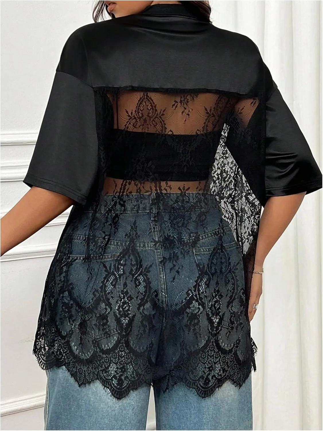 Milumia Women's Plus Size Letter Print Lace Sheer Mesh Jersey Shirt Half Sleeve V Neck Oversized Tee Top