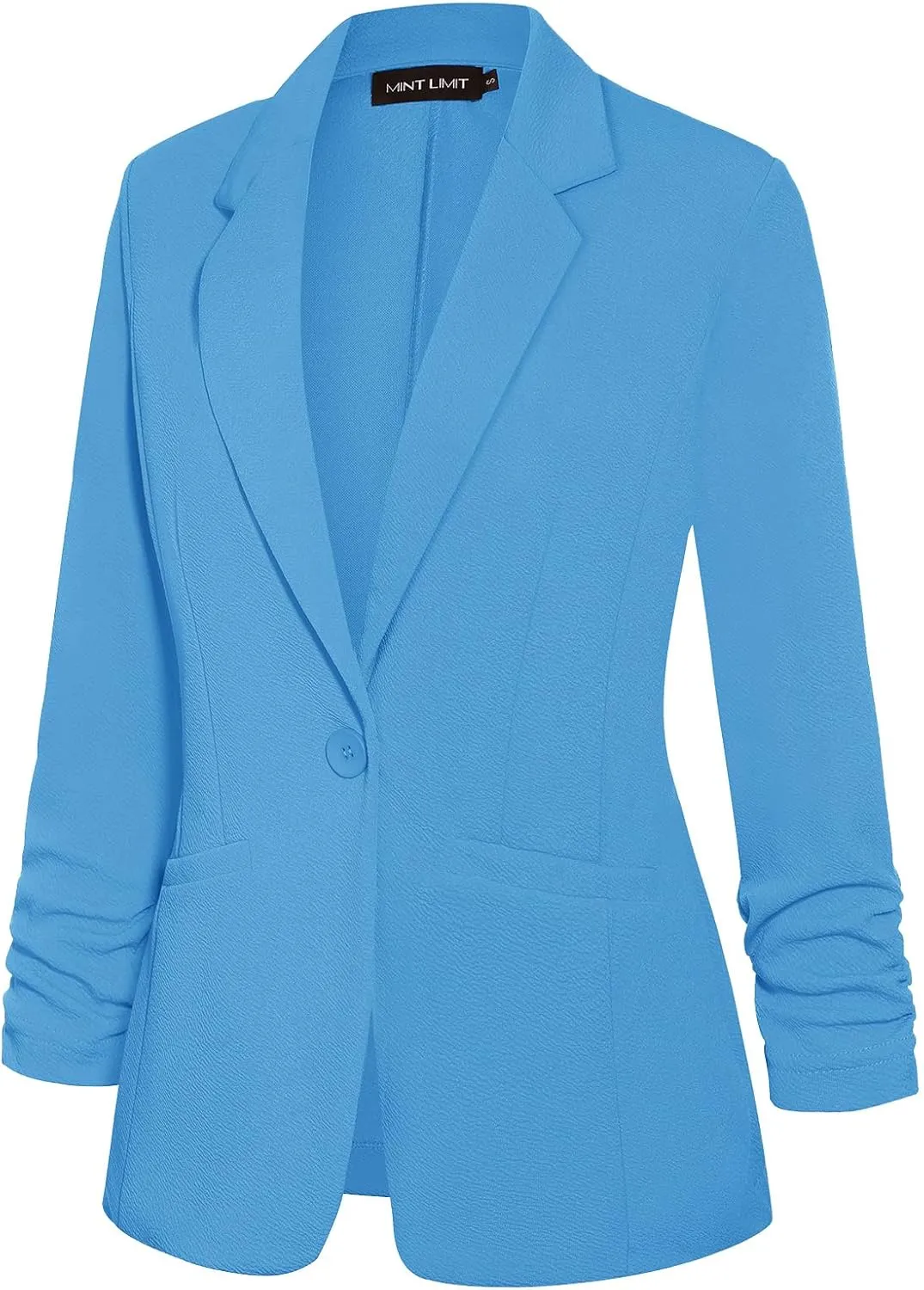 MINTLIMIT Women's Casual Blazer 3/4 Ruched Sleeve Open Front Button Work Office Blazer Jackets with Pockets
