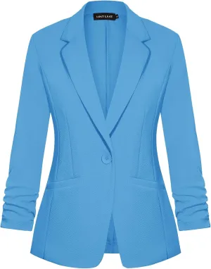 MINTLIMIT Women's Casual Blazer 3/4 Ruched Sleeve Open Front Button Work Office Blazer Jackets with Pockets