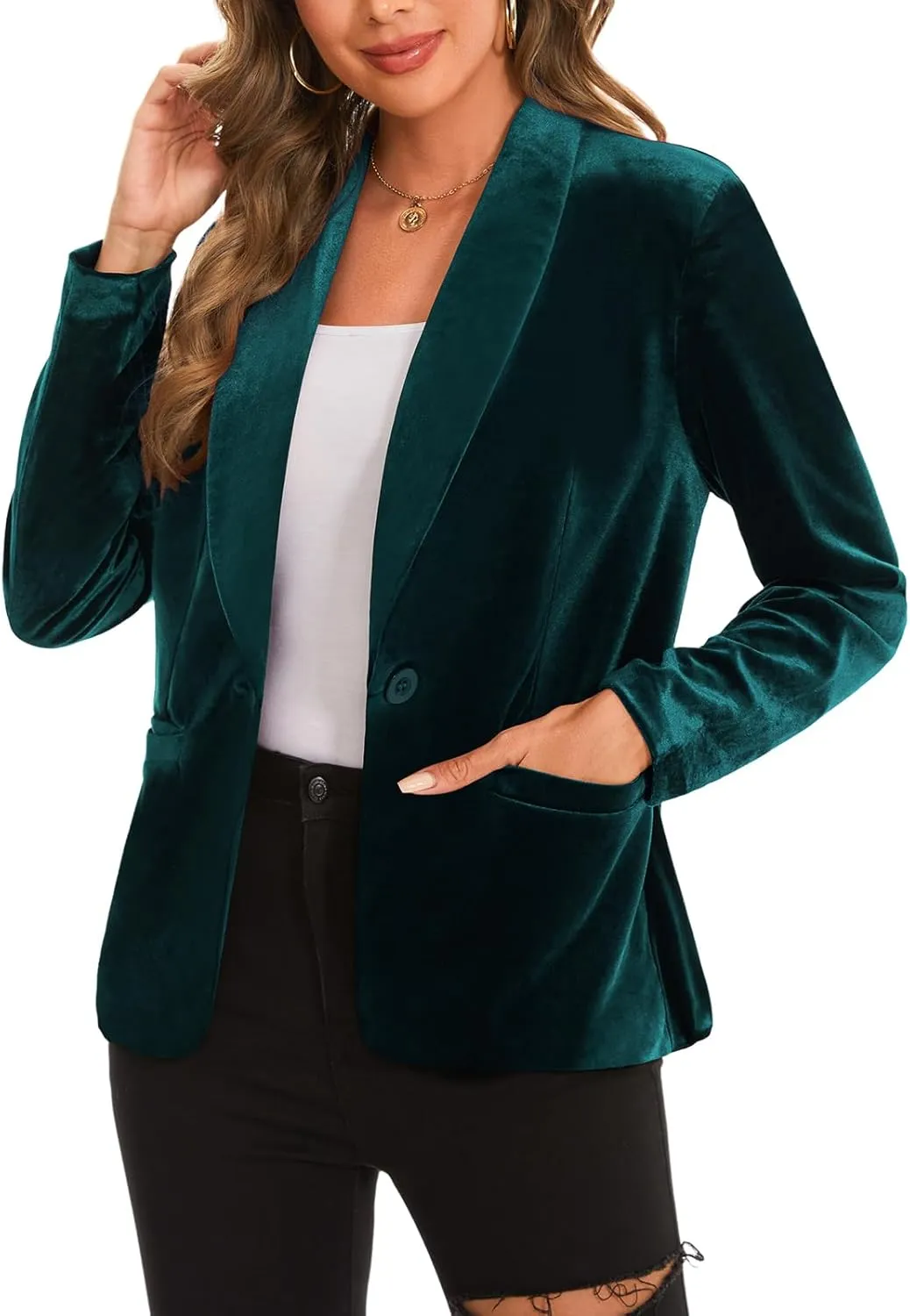 MINTLIMIT Women's Office Velvet Blazers Long Sleeve Shawl Collar 1 Button Open Front Lightweight Blazer Jacket with Pockets