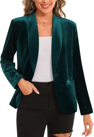 MINTLIMIT Women's Office Velvet Blazers Long Sleeve Shawl Collar 1 Button Open Front Lightweight Blazer Jacket with Pockets