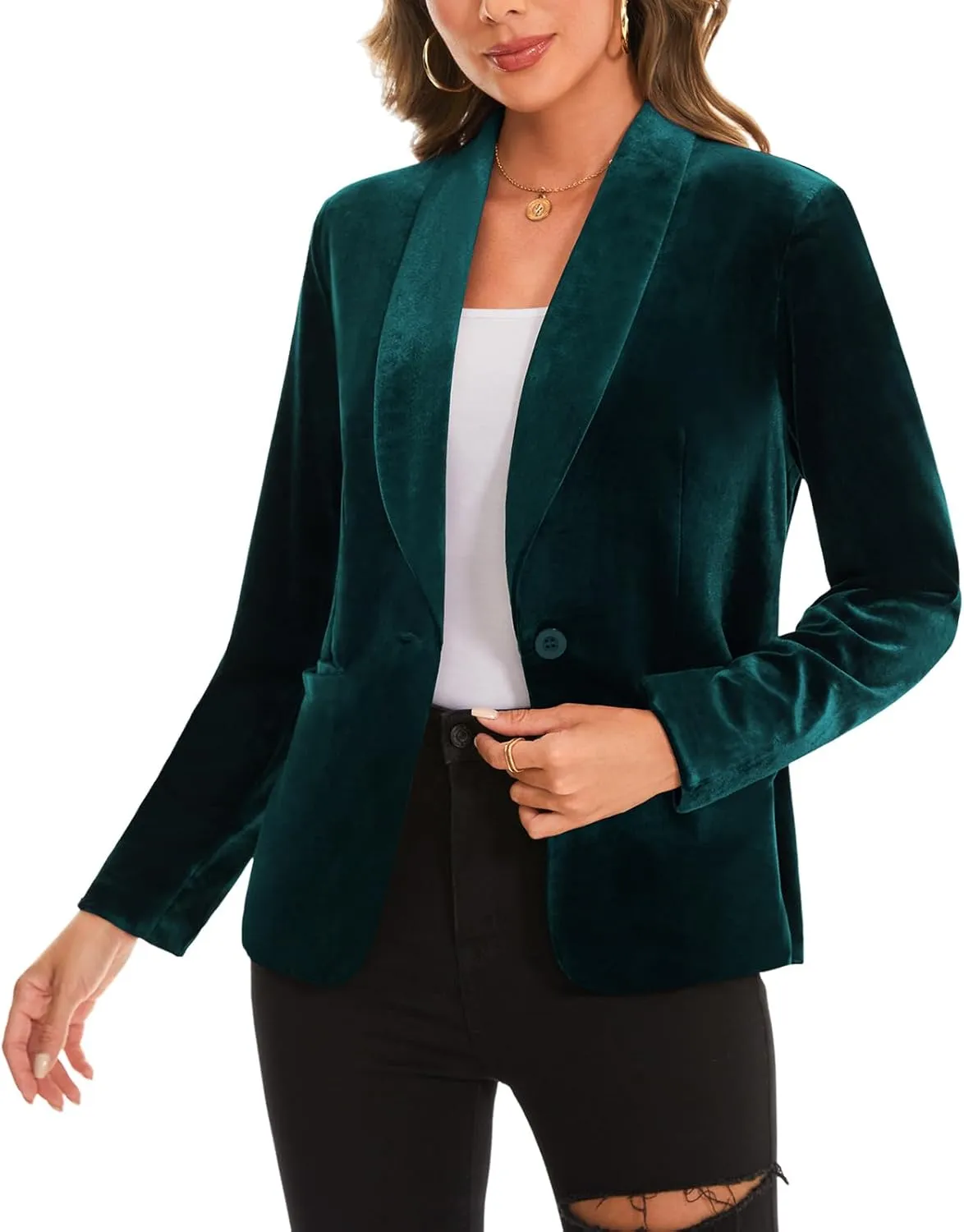 MINTLIMIT Women's Office Velvet Blazers Long Sleeve Shawl Collar 1 Button Open Front Lightweight Blazer Jacket with Pockets