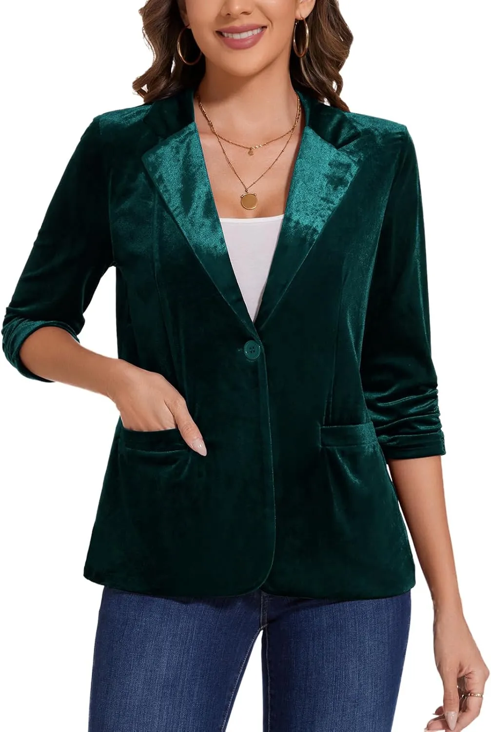 MINTLIMIT Women's Velvet Blazer Ruched 3/4 Sleeve Jacket Notch Lapel Button Open Front Casual Blazers with Pockets
