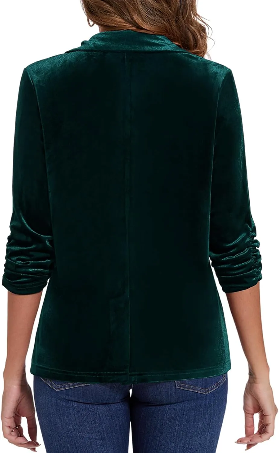MINTLIMIT Women's Velvet Blazer Ruched 3/4 Sleeve Jacket Notch Lapel Button Open Front Casual Blazers with Pockets