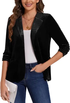 MINTLIMIT Women's Velvet Blazer Ruched 3/4 Sleeve Jacket Notch Lapel Button Open Front Casual Blazers with Pockets
