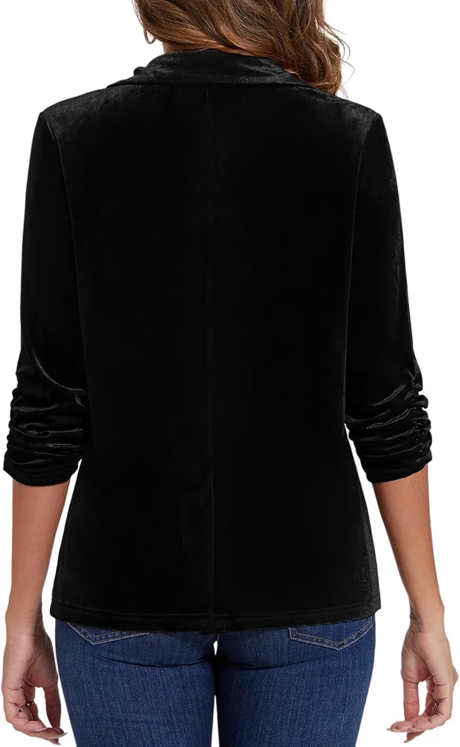 MINTLIMIT Women's Velvet Blazer Ruched 3/4 Sleeve Jacket Notch Lapel Button Open Front Casual Blazers with Pockets
