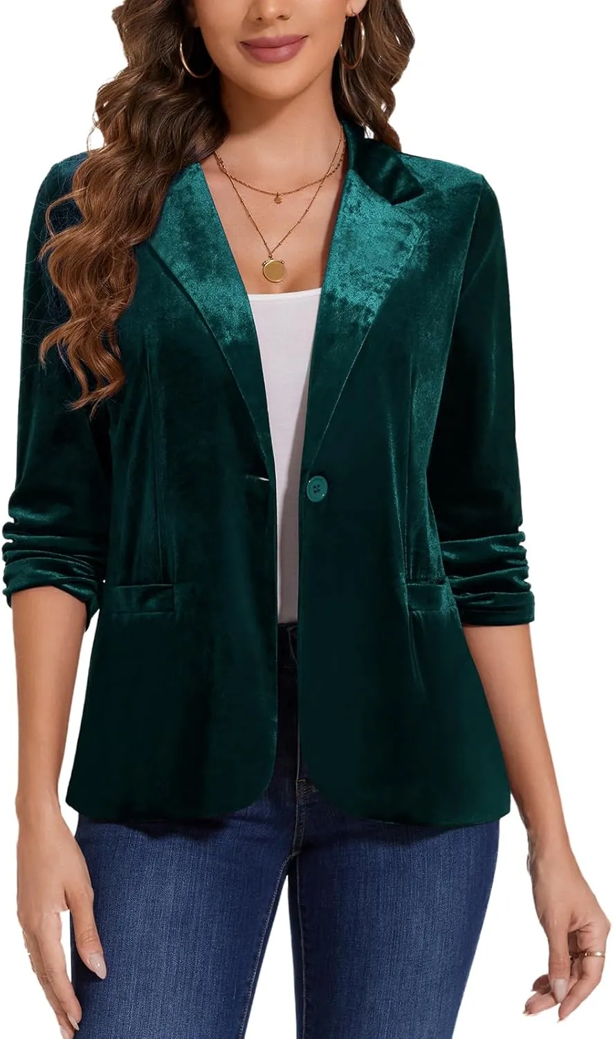 MINTLIMIT Women's Velvet Blazer Ruched 3/4 Sleeve Jacket Notch Lapel Button Open Front Casual Blazers with Pockets