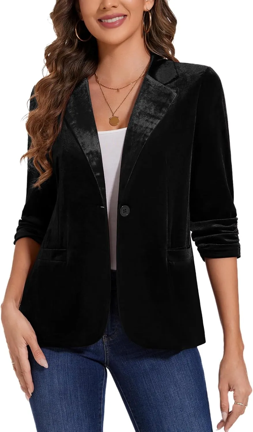MINTLIMIT Women's Velvet Blazer Ruched 3/4 Sleeve Jacket Notch Lapel Button Open Front Casual Blazers with Pockets