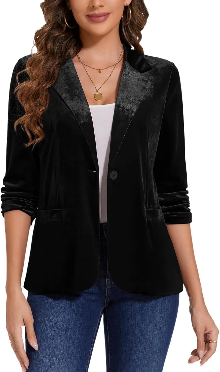 MINTLIMIT Women's Velvet Blazer Ruched 3/4 Sleeve Jacket Notch Lapel Button Open Front Casual Blazers with Pockets
