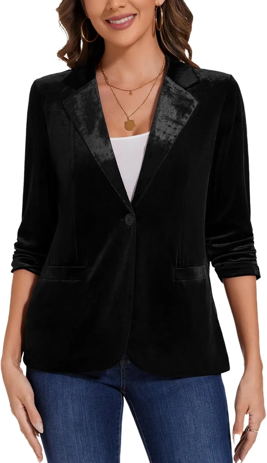 MINTLIMIT Women's Velvet Blazer Ruched 3/4 Sleeve Jacket Notch Lapel Button Open Front Casual Blazers with Pockets